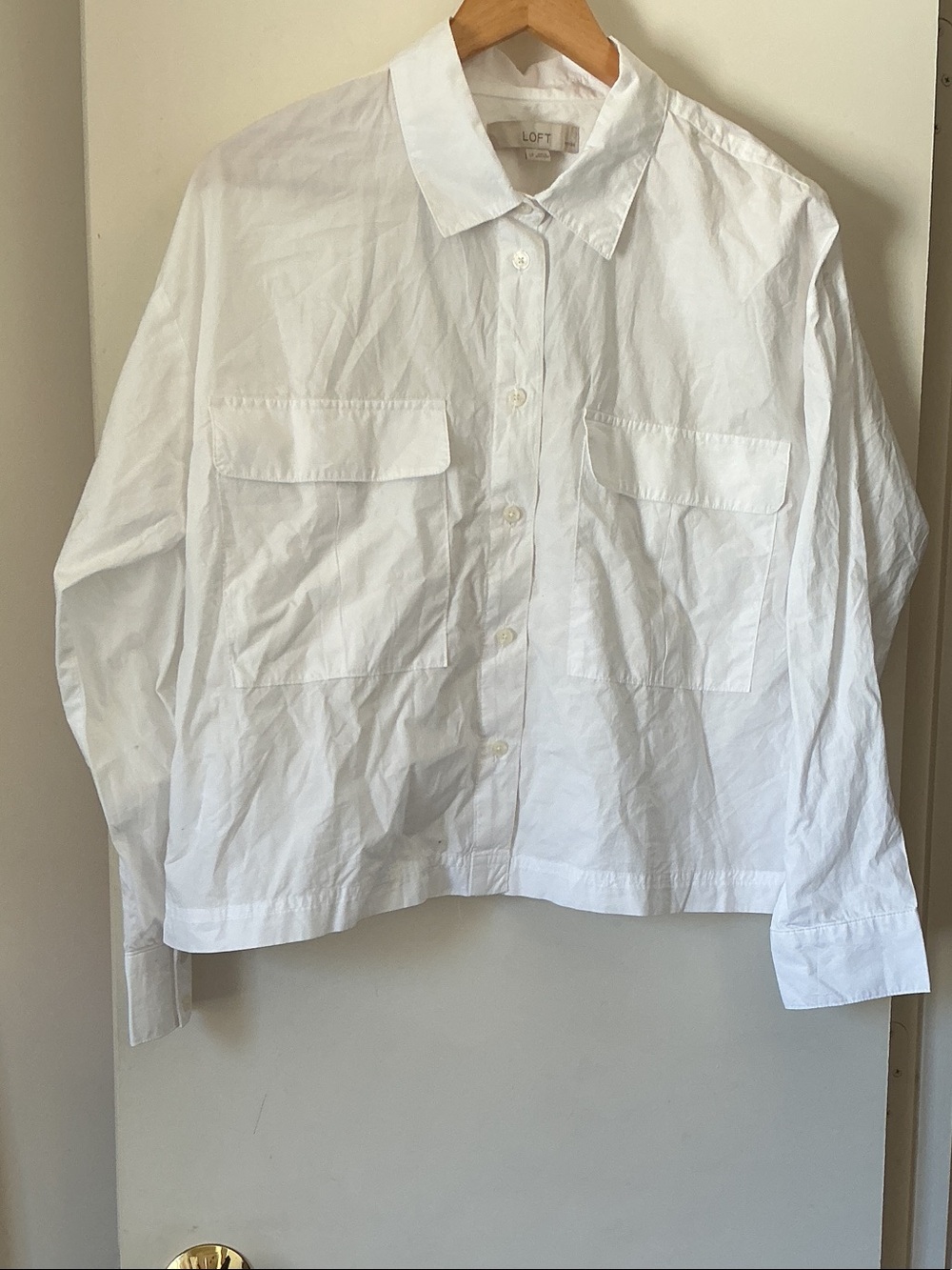 LOFT White Cotton Button-Up Shirt with Front Pockets